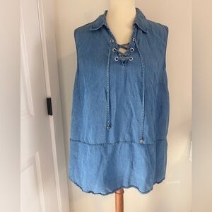 Blue Denim like Sleeveless Tie Front Collared Tank